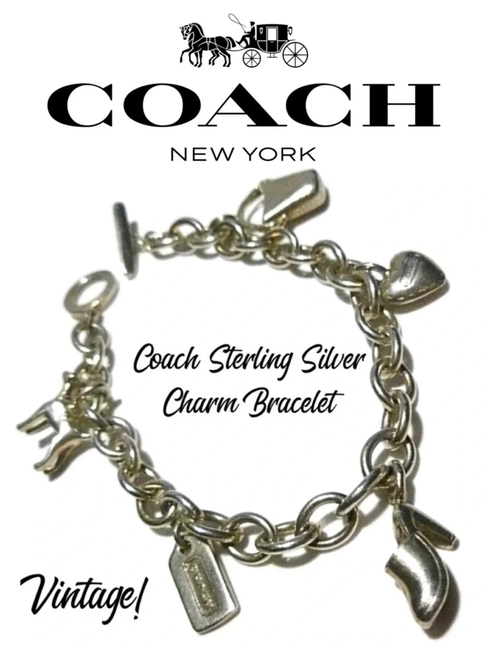 Coach Vintage Sterling Silver Charm Link Toggle Bracelet Dog Pail Heart Shoe